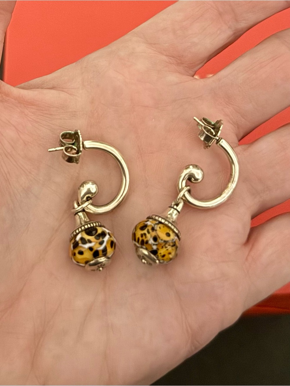 James Avery Retired Silver Earrings with Leopard / Tortoise Glass Beads
